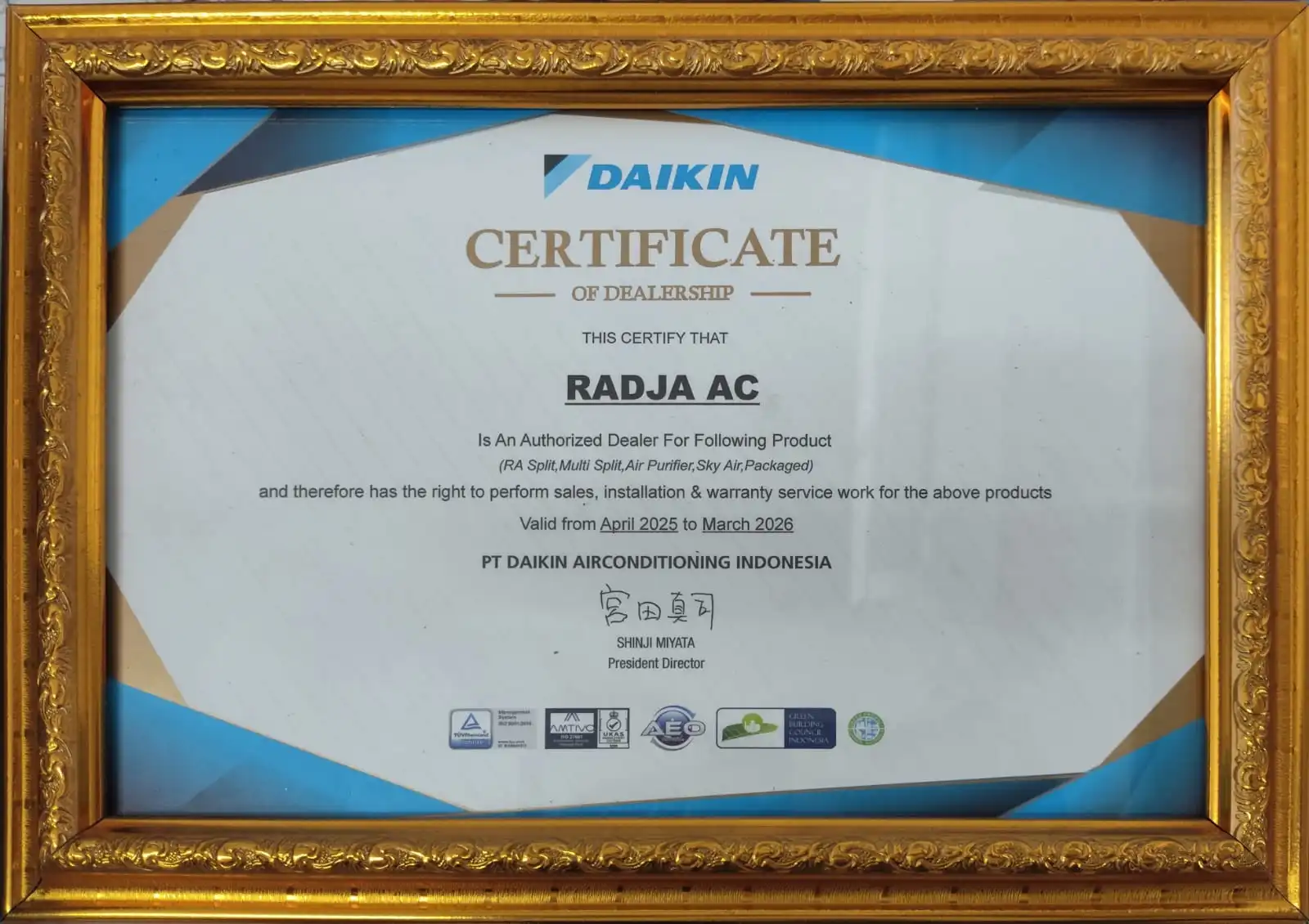 Sertifikat resmi Daikin Authorized Dealer untuk Radja AC