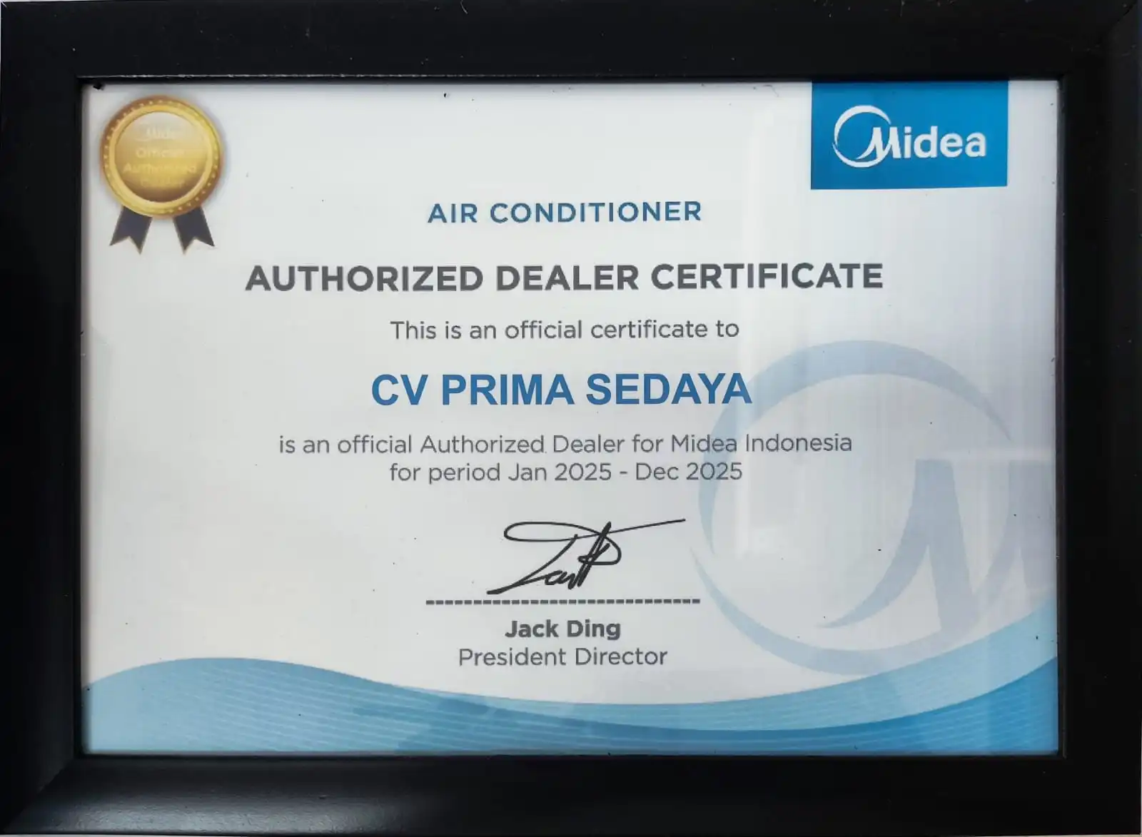 Sertifikat resmi dealer Midea untuk Radja AC